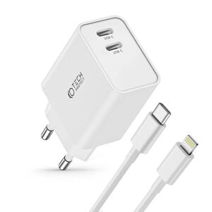 Tech-Protect Network PD 35W Vægoplader m. 2 x USB-C & Lightning Kabel - Hvid