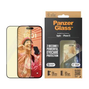 iPhone 15 PanzerGlass Ultra Wide Fit Skærmbeskyttelse m. EasyAligner - Anti-Reflective - Anti-Blue Light - Diamond Strength - Gennemsigtig / Sort Kant