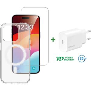 iPhone 15 Pro Max 4smarts Premium Starter Set - MagSafe Cover, Skærmbeskyttelse & 20W Vægoplader - Gennemsigtig / Hvid