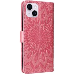 MOBILCOVERS.DK iPhone 15 Plus Læder Cover m. Pung og Strop - Mandala Blomst - Lyserød