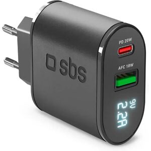 SBS 20W LCD Vægoplader m. USB-C PD & USB-A AFC - Sort