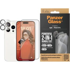 iPhone 15 Pro PanzerGlass 2-i-1 Bundle m. EasyAligner - Skærmbeskyttelse (UWF) / Kamerabeskyttelse - Gennemsigtig / Sort