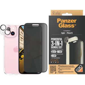 iPhone 15 PanzerGlass 3-i-1 Bundle m. EasyAligner - Cover / Privacy Skærmbeskyttelse (UWF) / Kamerabeskyttelse - Gennemsigtig / Sort