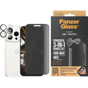 iPhone 15 Pro PanzerGlass 3-i-1 Bundle m. EasyAligner - Cover / Privacy Skærmbeskyttelse (UWF) / Kamerabeskyttelse - Gennemsigtig / Sort