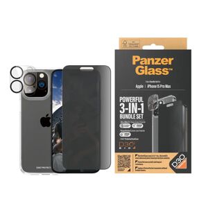 iPhone 15 Pro Max PanzerGlass 3-i-1 Bundle m. EasyAligner - Cover / Privacy Skærmbeskyttelse (UWF) / Kamerabeskyttelse - Gennemsigtig / Sort