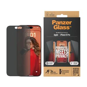 iPhone 15 Pro PanzerGlass Ultra Wide Fit Skærmbeskyttelse m. EasyAligner - Privacy - Diamond Strength - Gennemsigtig / Sort Kant