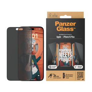 iPhone 15 Plus PanzerGlass Ultra Wide Fit Skærmbeskyttelse m. EasyAligner - Privacy - Diamond Strength - Gennemsigtig / Sort Kant