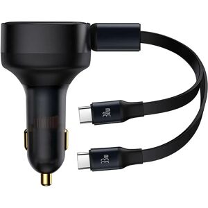 Baseus 33W Biloplader m. Udtrækkelig Ledning m. 2 x USB-C Kabel - Sort