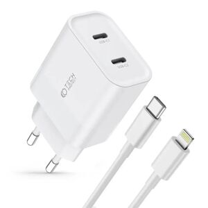 Tech-Protect Network 20W Vægoplader m. 2 x USB-C & USB-C til Lightning Kabel - Hvid