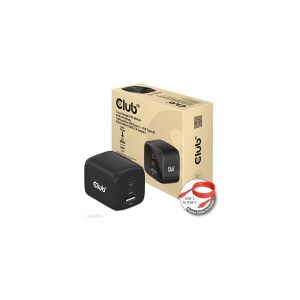 Club-3d Club 3D CAC-1913 - Strømforsyningsadapter - GaN-teknologi, tredobbelt port - 65 Watt - 5 A - PD 3.0, PD/PPS - 3 output-stikforbindelser (USB Type A, 2 x USB-C) - på kabel: USB, USB-C - Europa