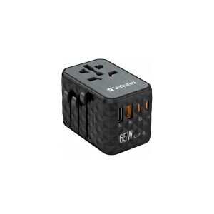 Verbatim UTA-05 - Strømforsyningsadapter - GaN III, universal - 65 Watt - 5 A - Apple Fast Charge, Fast Charge, PD 3.0, QC 3.0, QC 4+, Super Charge, BC 1.2, PD/PPS - 4 output-stikforbindelser (2 x USB, 2 x USB-C) - sort