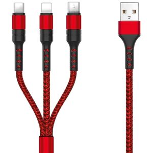 Usb Multi Kabel - Usb-C/lightning/micro-B - 5a - 1.2 M - Rød