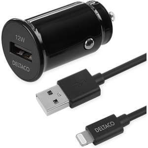 Deltaco Biloplader Med Usb-A Til Lightning Kabel - Sort