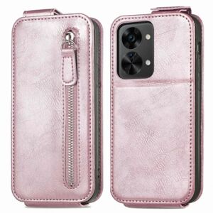 Generic Vertical Flip Phone Etui med Zipper til OnePlus Nord 2T - Rødgul Pink