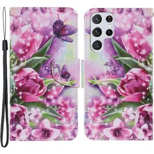 Generic Wonderland Samsung Galaxy S22 Ultra Flip Etui - Rose og Sommerfu Pink