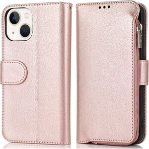 Floveme iPhone15PLUS etui Sammenfoldelig med skulderrem og lynlås 3-kort rum Pink gold