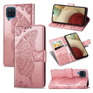 ExpressVaruhuset Samsung A12 Pung Etui PU Læder 4-LOMMES Motiv Sommerfugl Pink gold