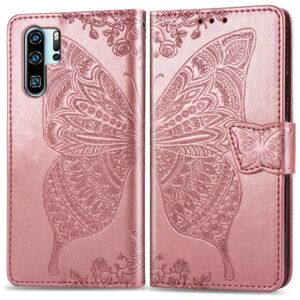 ExpressVaruhuset Huawei P30 Pro Pung Etui PU Læder 4-LOMMES Motiv Sommerfugl Pink gold