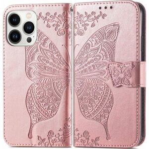 ExpressVaruhuset iPhone 14 Pro Pung etui PU-Læder 4-RUMMET Motiv Sommerfugl Pink gold