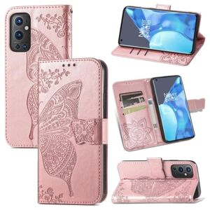 ExpressVaruhuset OnePlus 9 Pro Wallet Case PU Læder 4-LOMMES Motiv Butterfly Pink gold