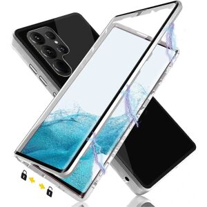 Til Samsung Galaxy S23 Ultra magnetisk etui, dobbelt hærdet glas Hd beskyttelsescover Alt inklusive stødsikker telefoncover med metalramme flipcover Silver