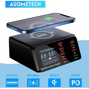 ASOMETECH 100W Multi USB Hub PD Charge rapide 3.0 Qi chargeur sans fil 8 Ports USB Station de Charge rapide