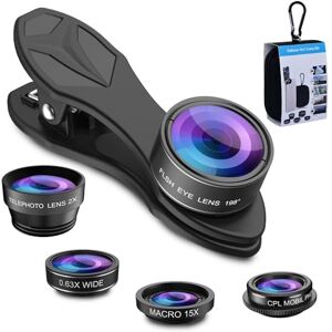 Apexel Kit 5 en 1 pour Appareil Photo de téléphone Objectif Grand Angle 0,63X et Objectif Macro 15X + Objectif fisheye 190° / CPL + téléobjectif 2X Compatible avec la Plupart des Smartphones - Publicité