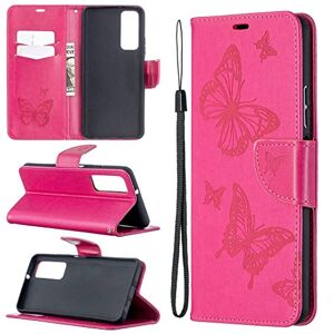 SATURCASE Étui à rabat en cuir PU pour Huawei P Smart 2021 / Y7A Motif papillons en relief avec emplacements pour cartes et dragonne Rose rouge - Publicité