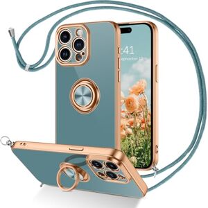 DOMAVER Anneau Coque iPhone 15 Pro Max Cordon et Bague 360 Rotatif,Housse iPhone 15 Pro Max avec Collier de Lanière, Bleu-Gris - Publicité