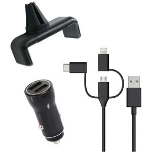 Pack 3 en 1 Chargeur de Voiture 2 USB-A + Cable 3 en 1 + Support Grille