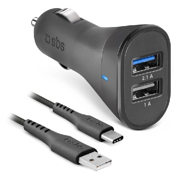 sbs tekitcrc2u21aul  kit caricatore auto 10 watt - ricarica rapida con due porte usb e cavo usb e usb-c incluso