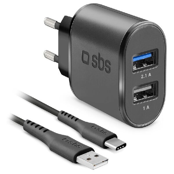 sbs tekittrc2u2afastk  kit caricabatterie: caricatore per due dispositivi con cavo usb e usb-c incluso