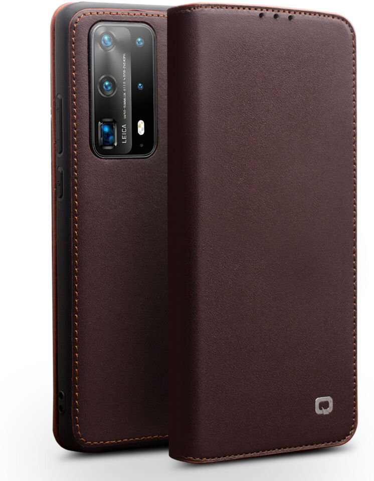 Qialino echt lederen luxe wallet hoes Bruin voor de Huawei P40