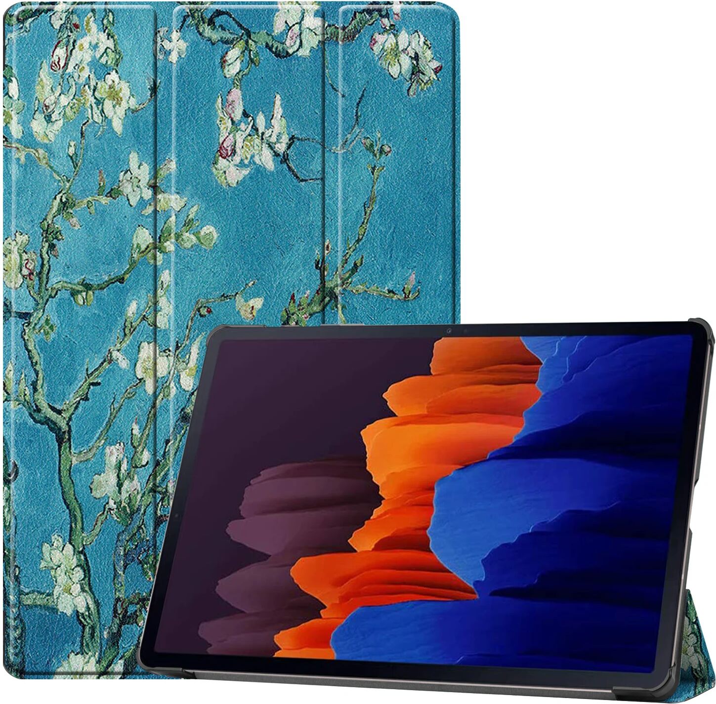 Lunso 3-Vouw sleepcover hoes Van Gogh Amandelboom  voor de Samsung Galaxy Tab S7 Plus