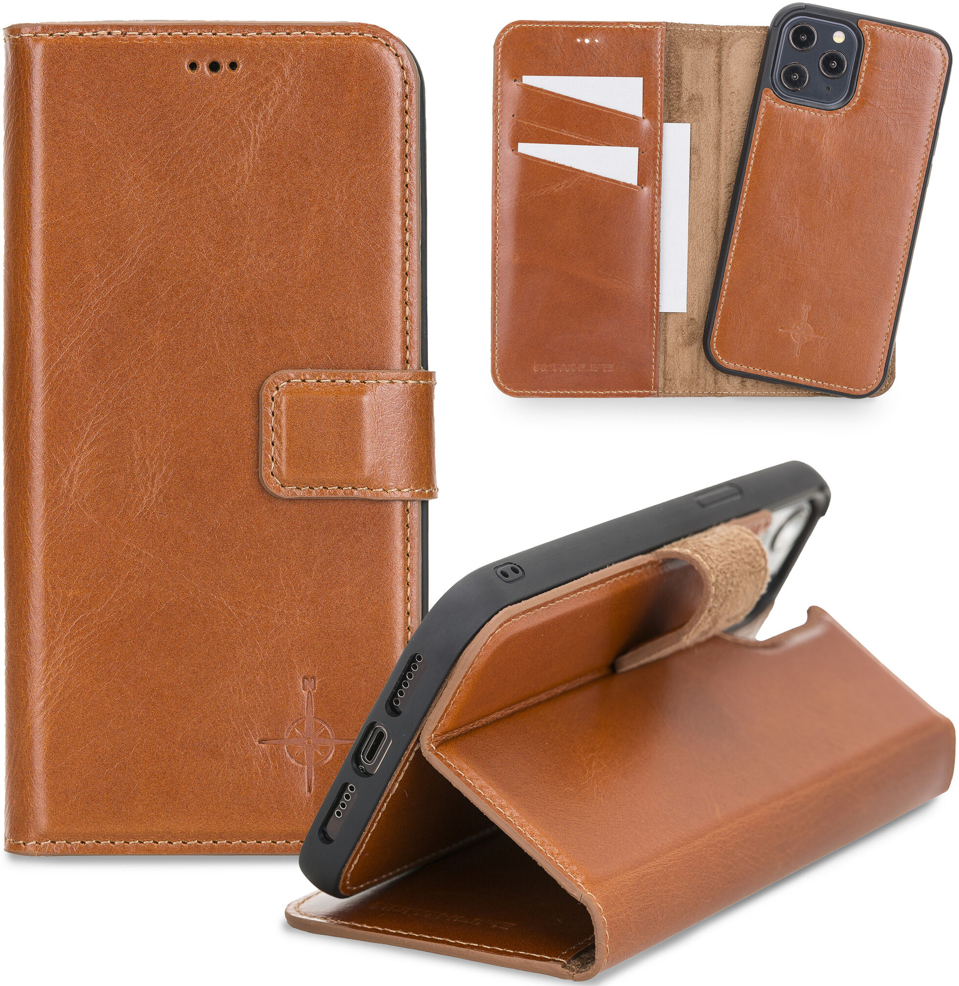 NorthLife Echt lederen uitneembare 2-in-1 (RFID) bookcase hoes Burcht Trecht Cognac voor de iPhone 12 Pro Max