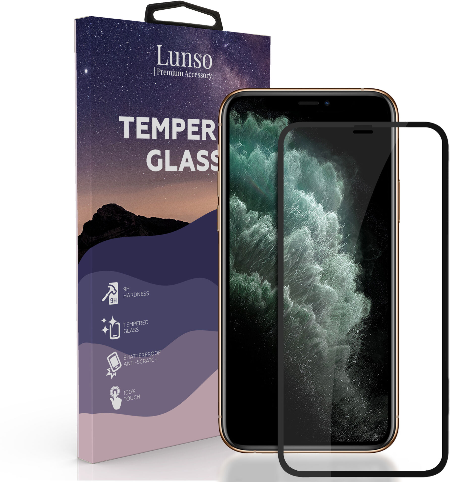 Lunso Gehard beschermglas met Zwarte Rand (Tempered Glass) voor de iPhone 11 Pro