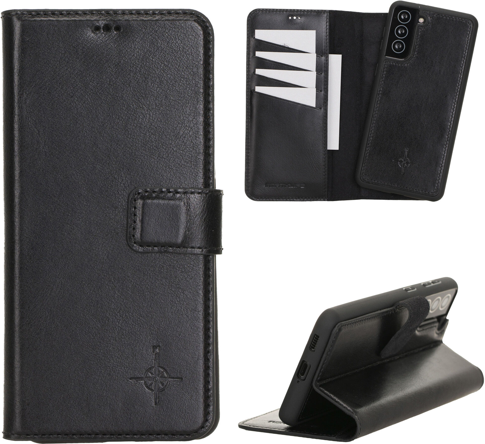 NorthLife Echt lederen uitneembare 2-in-1 (RFID) bookcase hoes Burcht Trecht Zwart voor de Samsung Galaxy S21