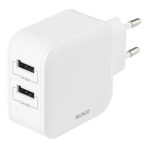 Deltaco Wall Charger With Dual Usb-A Ports, 4.8 A, 24 W, White