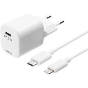 Deltaco Usb-C Pd Wall Charger With 1 M Detachable Usb-C To Lightning Cable, White