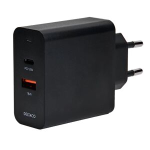 Deltaco Usb Wall Charger With Dual Ports And Pd, 1x Usb-A, 1x Usb-C, Pd, 36w, Black