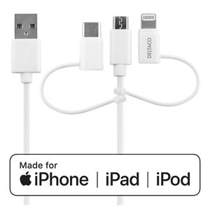 Deltaco Usb-C / Micro Usb / Lightning To Usb-A Cable, 1m, Apple C189 Chipsetm Fsc-Labeled Packaging, White