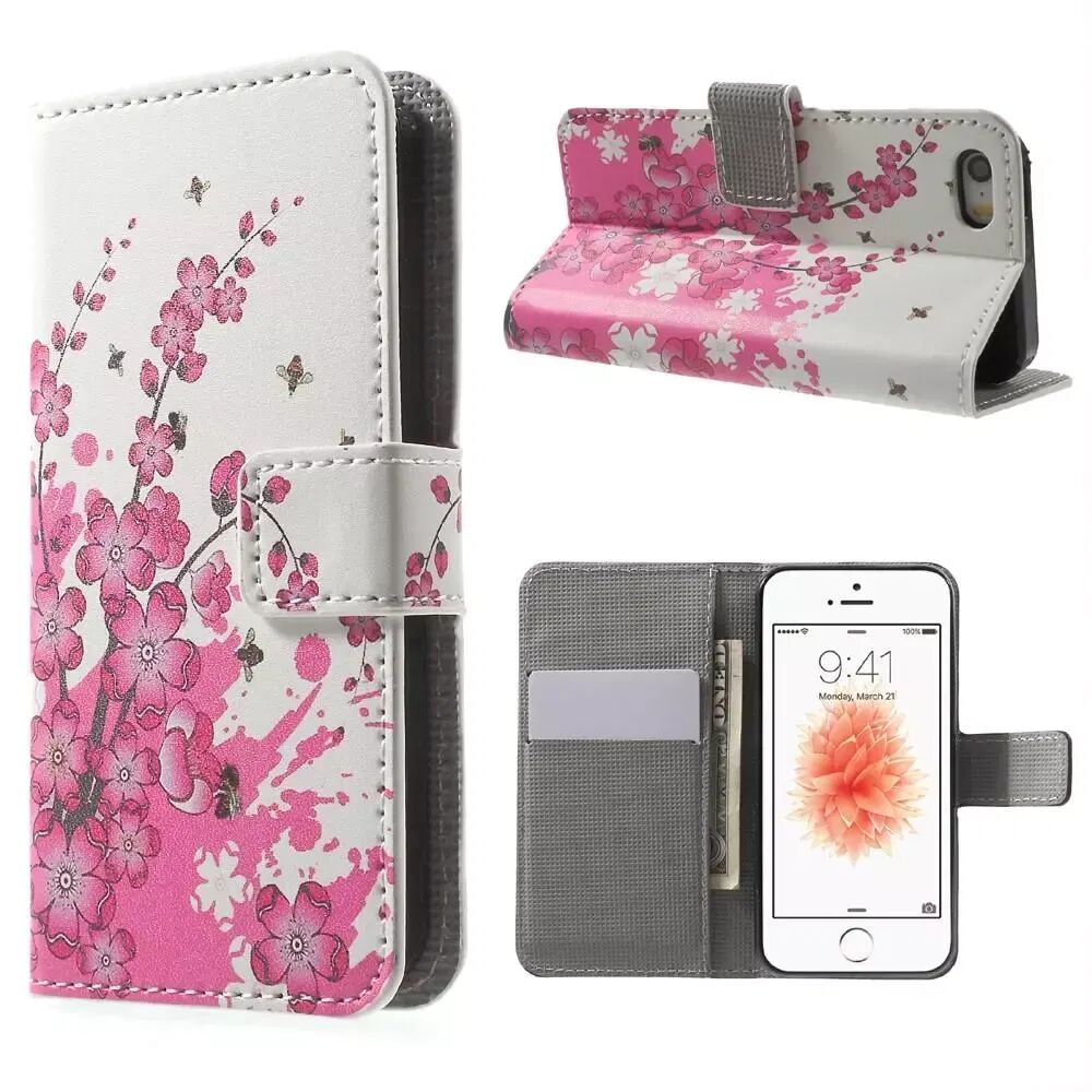 INCOVER iPhone SE / 5 / 5s Deksel med Lommebok Blomster Pink/Hvit