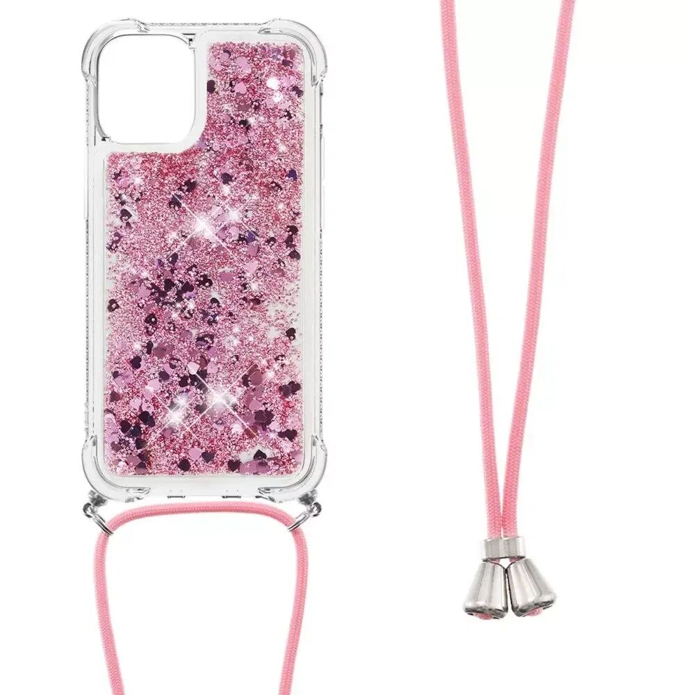 INCOVER iPhone 13 TPU Plast Bakdeksel med Glitter og Skulderrem - Lilla / Rosa