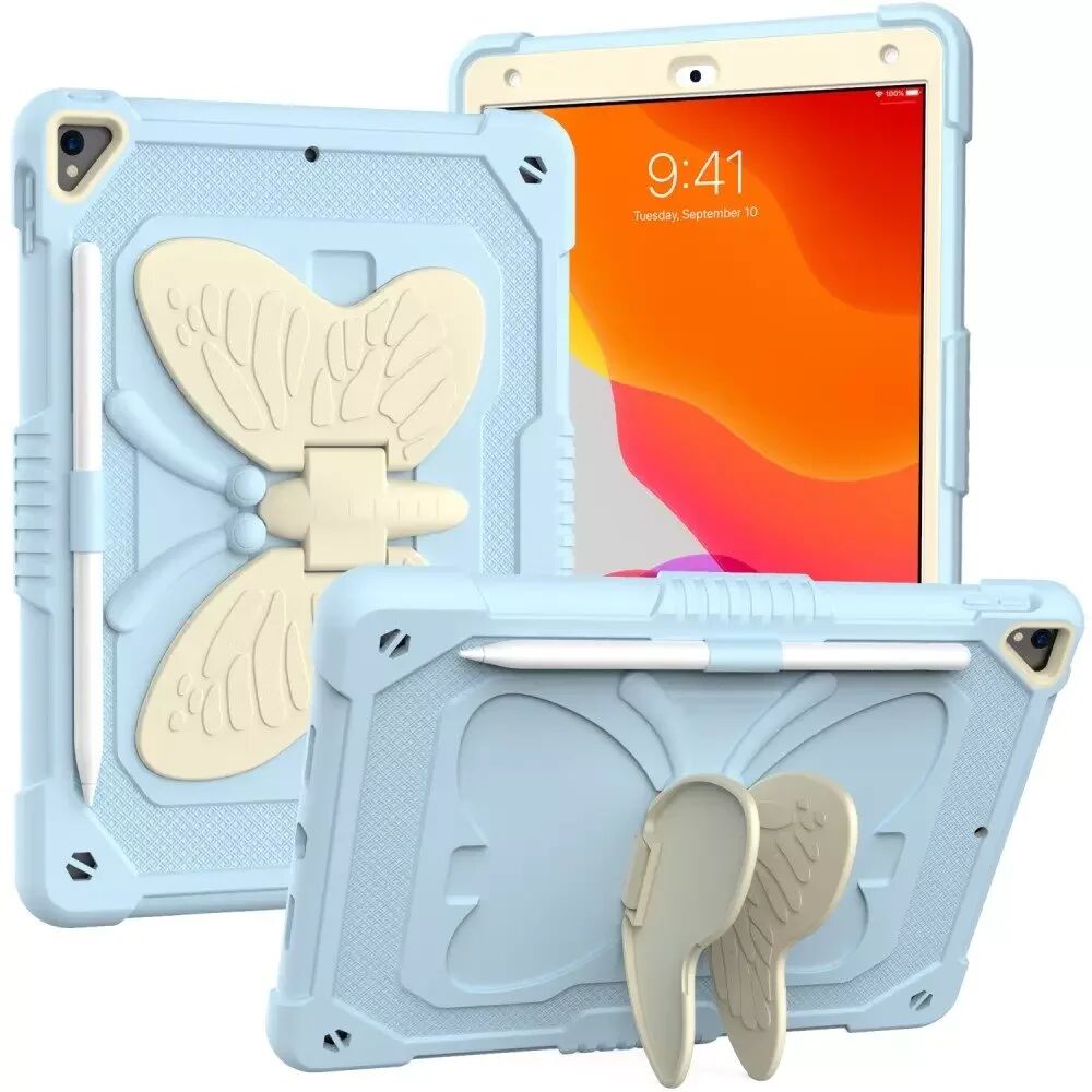 INCOVER iPad 10.2" (2021/ 2020 / 2019) Butterfly Kickstand Barnedeksel - Lyse blå & Grå