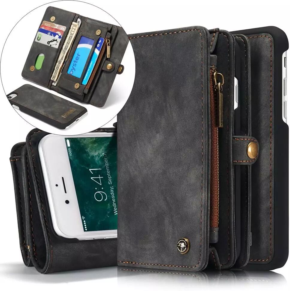 CASEME iPhone SE (2020)/8/7 CASEME 2-in-1 Vintage Leather Wallet Case med Lommebok Svart