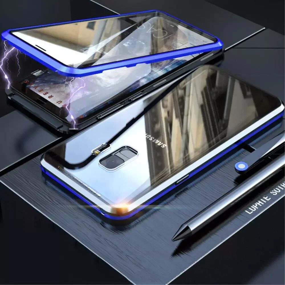 INCOVER Samsung Galaxy S9 Magnetisk Metall Deksel m. Glass Foran og Bak - Blå / Svart