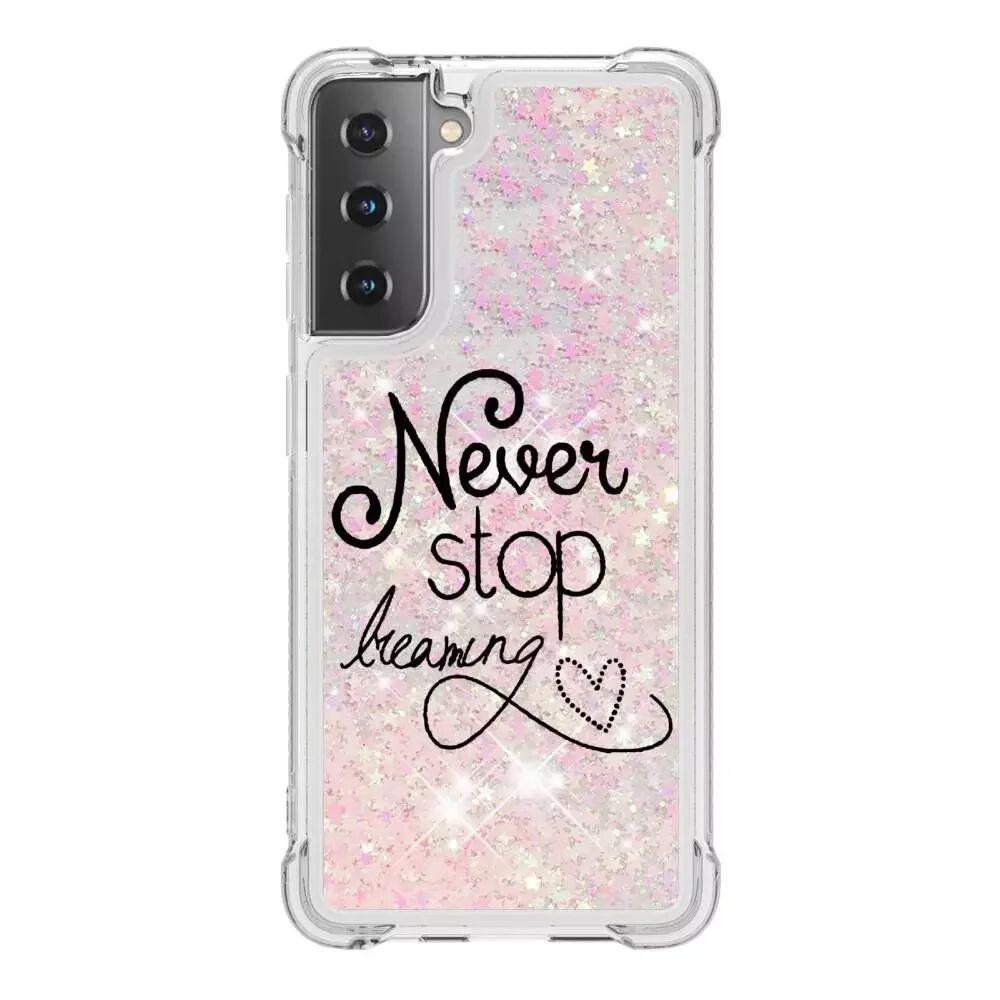 INCOVER Samsung Galaxy S21+ (Plus) Bakdeksel med Glitter Fosseffekt - "Never Stop Dreaming" / Pink
