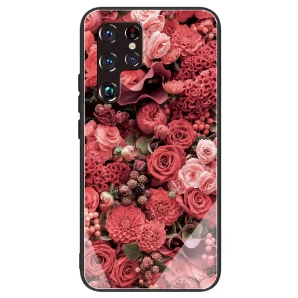 INCOVER Samsung Galaxy S22 Ultra Plast Deksel m. Glass Bakside - Røde Blomster
