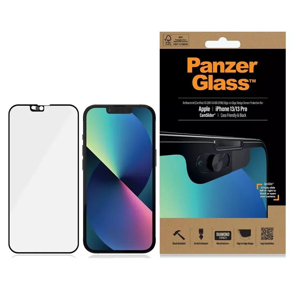 PanzerGlass iPhone 13 / 13 Pro PanzerGlass AntiBacterial Beskyttelsesglass Edge-to-Edge - CamSlider - Case Friendly - Svart Kant