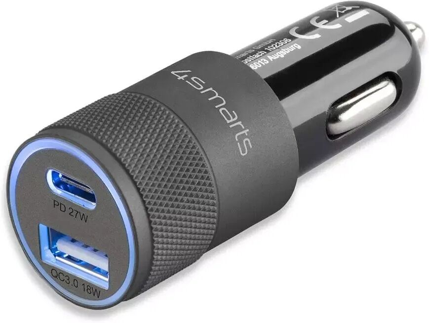 4smarts Rapid+ Hurtig BilLader 27W PD / 18W QC - 1x Usb-A 1x Usb-C - Sort